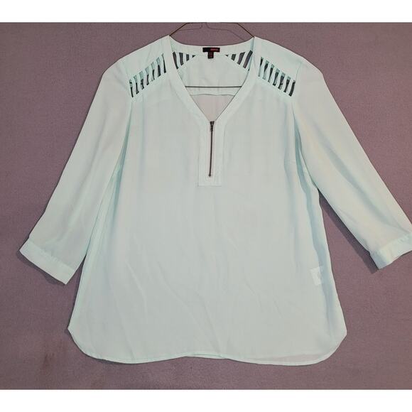 BONGO Mint Green Blouse Top L Shoulder Cut Out Front Zip Pullover EUC - Picture 1 of 8